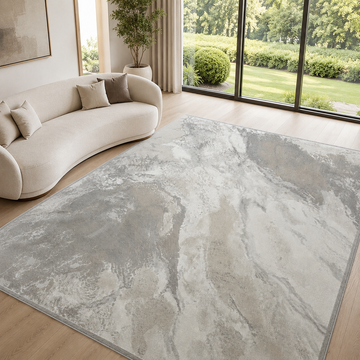 Covor Lirofe Stone Urban Crem Argintiu - Efect Marmura Stralucitor Modern - Living, Sufragerie, Dormitor, Bucatarie, Hol - Fir Scurt 11 mm, Usor de Curatat