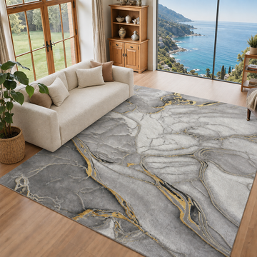 Covor Lirofe Imperial Vulcan Gri Auriu - Efect Piatra Naturala Modern - Living, Sufragerie, Dormitor, Bucatarie, Hol - Fir Scurt 12 mm, Usor de Curatat