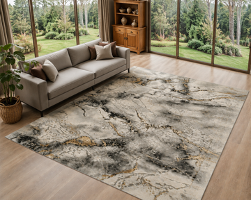Covor Lirofe Imperial Diamant Alb Auriu - Efect Geometric Stralucitor Modern - Living, Sufragerie, Dormitor, Bucatarie, Hol - Fir Scurt 12 mm, Usor de Curatat