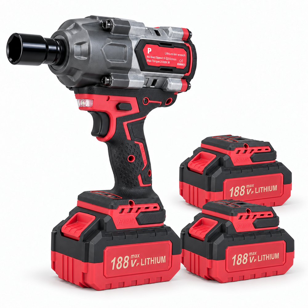 Pistol de impact auto Pexor P048, Brushless, 188V Max, cuplu maxim 2000 Nm, 2 acumulatori Li-Ion 4.0Ah, 2200 rpm, valiză transport, Roșu/Negru