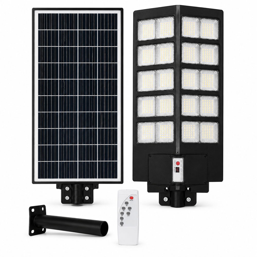Lampa stradala solara LED Pexor 1000W cu telecomanda, senzor de miscare, panou solar, protectie IP67, negru