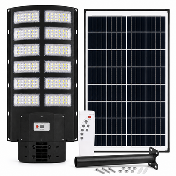 Lampa stradala solara LED Pexor 700W cu telecomanda, senzor de miscare, autonomie 7-9 ore, panou solar policristalin, IP67, negru