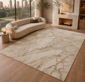 Covor Lirofe Imperial Carrara Crem Auriu - Efect Marmura Italiana Modern - Living, Sufragerie, Dormitor, Bucatarie, Hol - Fir Scurt 12 mm, Usor de Curatat