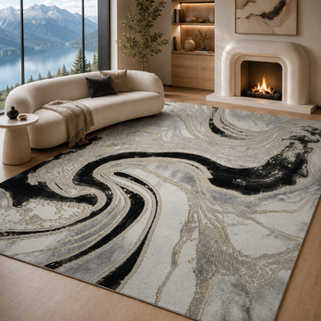 Covor Lirofe Imperial Obsidian Alb Auriu - Efect Marmura Eleganta Modern - Living, Sufragerie, Dormitor, Bucatarie, Hol - Fir Scurt 12 mm, Usor de Curatat