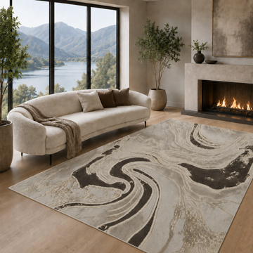 Covor Lirofe Imperial Obsidian Crem Auriu - Efect Marmura Eleganta Modern - Living, Sufragerie, Dormitor, Bucatarie, Hol - Fir Scurt 12 mm, Usor de Curatat