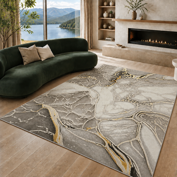 Covor Lirofe Imperial Vulcan Bej Auriu - Efect Piatra Naturala Modern - Living, Sufragerie, Dormitor, Bucatarie, Hol - Fir Scurt 12 mm, Usor de Curatat