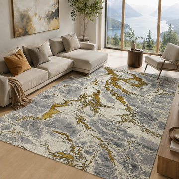 Covor Lirofe Aurum Fulgerul Auriu - Efect Metalic Stralucitor Modern - Living, Sufragerie, Dormitor, Bucatarie, Hol - Fir Scurt 10 mm, Usor de Curatat