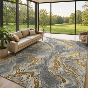 Covor Lirofe Aurum Galaxy Galben Gold - Efect Cosmic Stralucitor Modern - Living, Sufragerie, Dormitor, Bucatarie, Hol - Fir Scurt 10 mm, Usor de Curatat