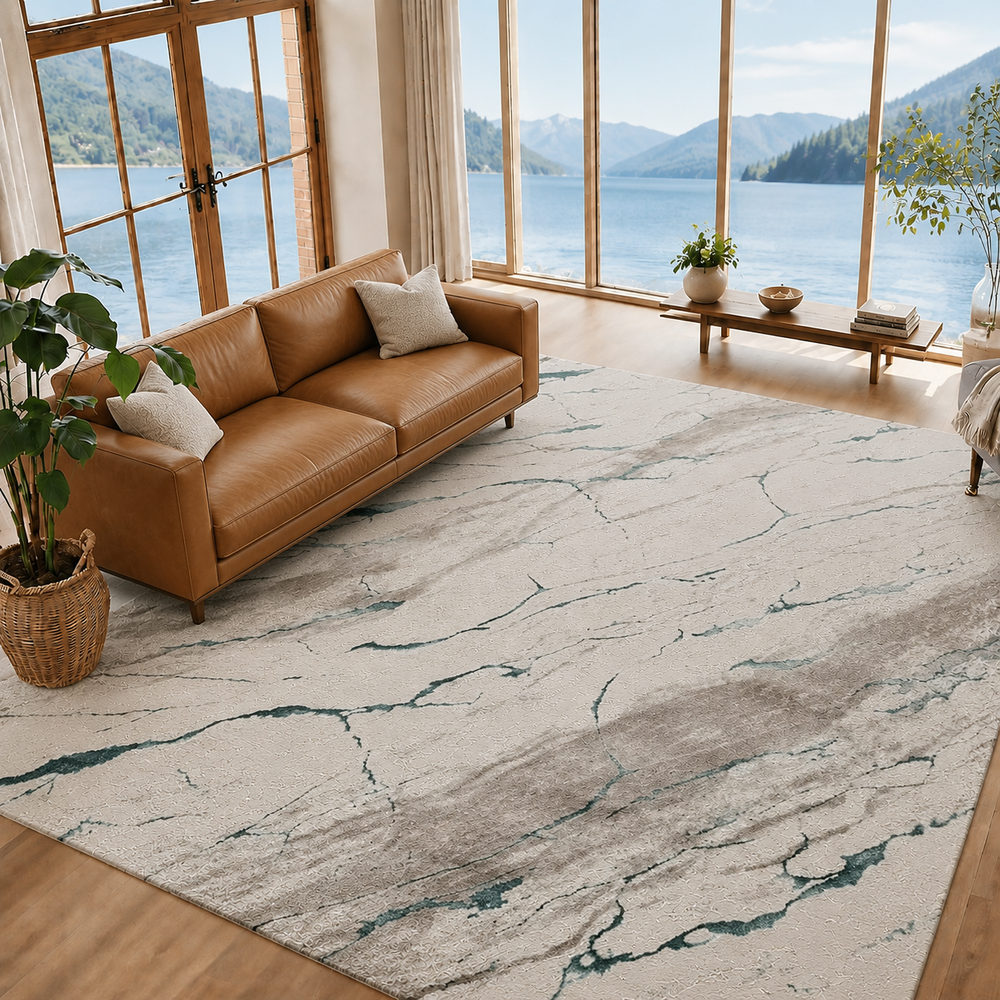 Covor Lirofe Marmora Royal Turcoaz Crem - Efect Marmura Stralucitor Modern - Living, Sufragerie, Dormitor, Bucatarie, Hol - Fir Scurt 11 mm, Usor de Curatat