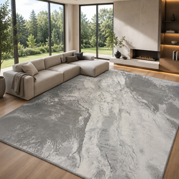 Covor Lirofe Stone Urban Gri Argintiu - Efect Marmura Stralucitor Modern - Living, Sufragerie, Dormitor, Bucatarie, Hol - Fir Scurt 11 mm, Usor de Curatat