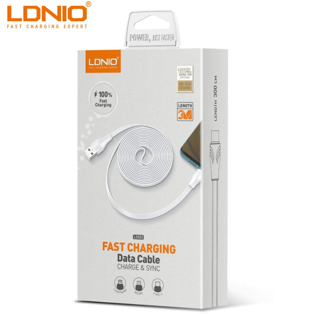 Cablu Date si Incarcare Ldnio LS553-I, USB-A la Lightning, 3A, Fast, 3m - Alb