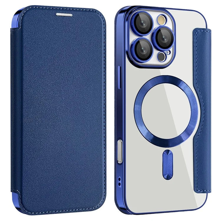 Husa MagFlip - iPhone 16 Pro Max, Magnet, RFID protect, Leather, Chrome Edge, Navy Blue