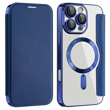 Husa MagFlip pentru iPhone 16 Pro Max, Magnet, RFID Protect, Piele, Chrome Edge - Bleumarin