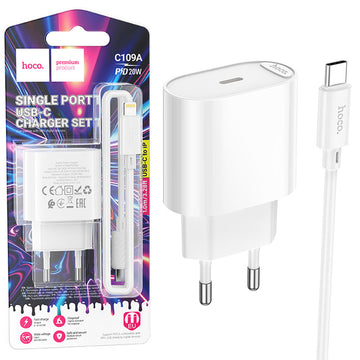 Incarcator Retea Hoco C109A, PD20W, USB-C + Cablu Lightning, 1m, Fast Charging - Alb