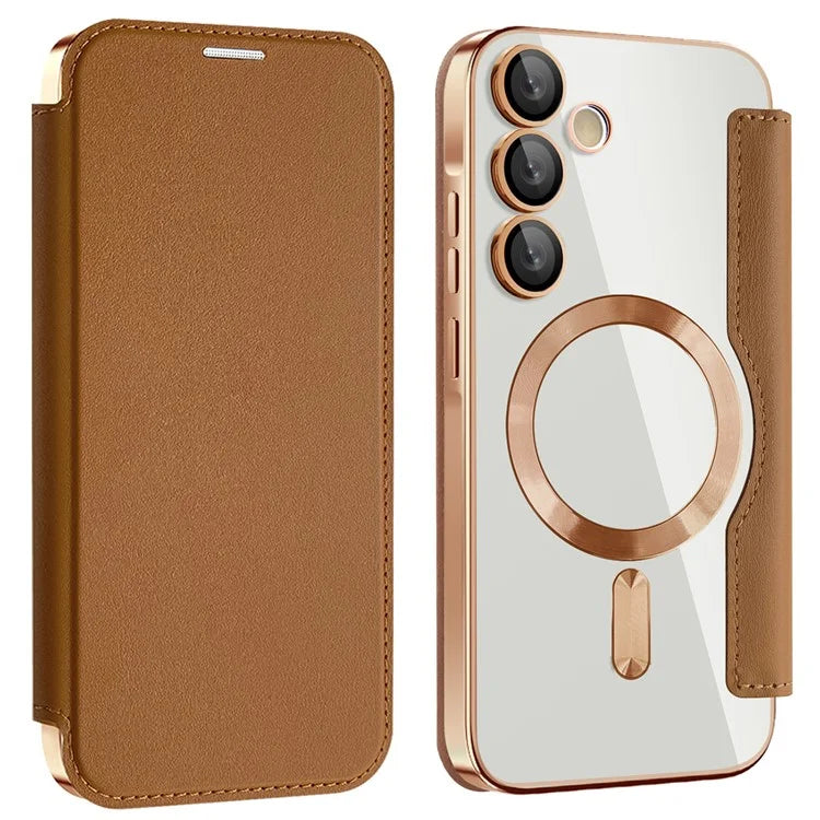 Husa MagFlip - Samsung A55, Magnet, RFID protect, Leather, Chrome Edge, Gold