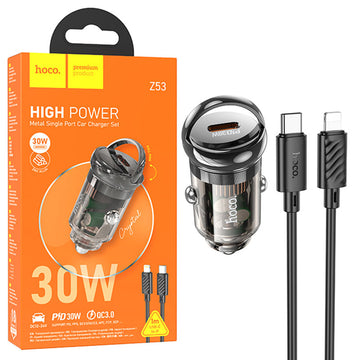Incarcator Auto + Cablu Lightning Hoco Z53, 30W, 1xUSB-C, PD, Ring-Pull - Negru