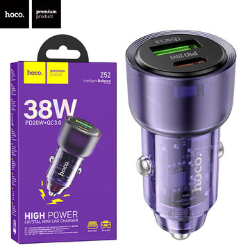 Incarcator Auto Hoco Z52, 38W, 1xUSB-C, 1xUSB QC3.0, Fast - Transparent / Mov