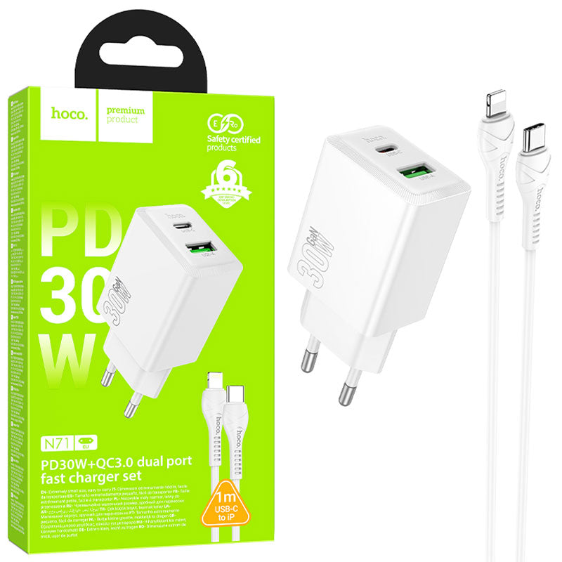 Hoco (N71) - Incarcatoare Priza cu Cablu, Lightning, 1xUSB-C, 1XUSB-A, PD30W, White