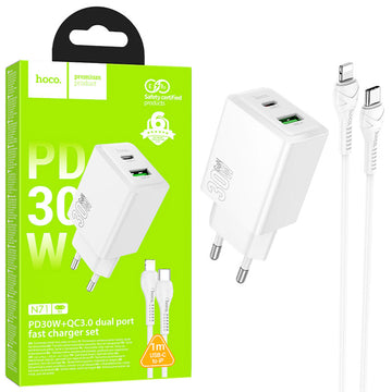 Cablu Hoco N71, Incarcatoare Priza cu Cablu, Lightning, 1xUSB-C, 1XUSB-A, PD30W - Alb