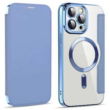 Husa MagFlip pentru iPhone 15 Pro Max, Magnet, RFID Protect, Piele, Chrome Edge - Albastru cer