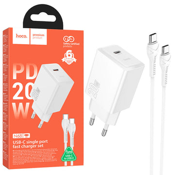 Incarcator Retea Hoco N68, PD20W, USB-C + Cablu USB-C, 1m, Fast Charging - Alb