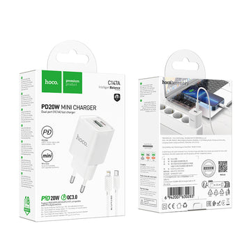 Incarcator Retea + Cablu Lightning Hoco C147A, 1m, PD20W, 1xUSB-C, 1xUSB-A - Alb