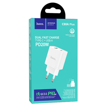 Incarcator Retea Hoco C80A Plus, 20W, 5V, 3.1A, 1xUSB-C, 1xUSB-A, PD, QC 3.0 - Alb