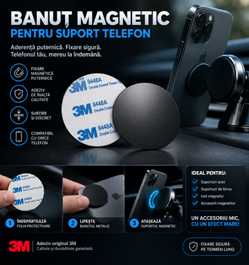 Suport Auto, Placuta Metalica Magnetica pentru Suport Auto, Rotund