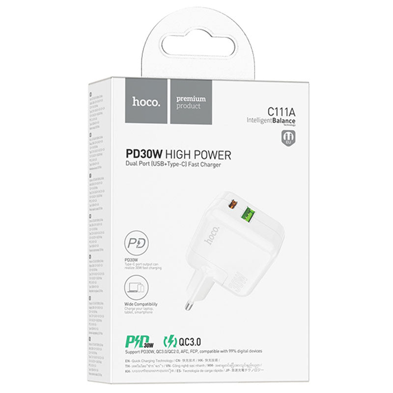 Hoco (C111A) - Incarcator Retea, 30W, 1xUSB-C, 1xUSB-A, PD, QC 3.0, White