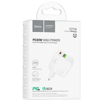 Incarcator Retea Hoco C111A, 30W, 1xUSB-C, 1xUSB-A, PD, QC 3.0 - Alb