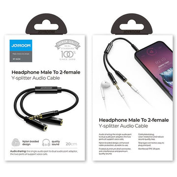 Cablu Joyroom SY-A04, Audio Y Splitter, 2x Jack 3.5mm F, la Jack 3.5mm M, 20cm - Negru