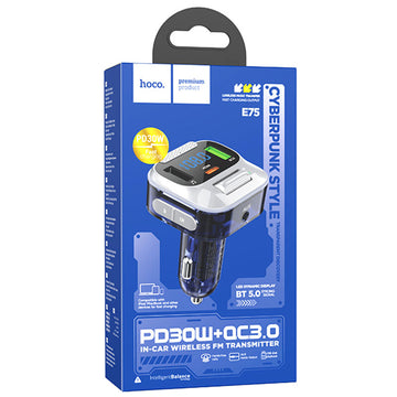 Modulator FM Hoco E75, 30W, 1xUSB-C, 1xUSB-A, PD, QC 3.0 - Albastru