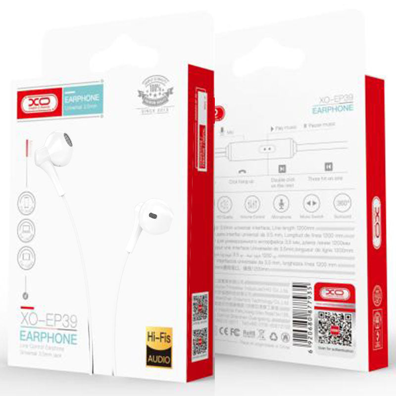 XO (EP39) - Casti cu Fir, In Ear, 3.5mm, 1.2m, Mic & Volume Key, HiFi, White