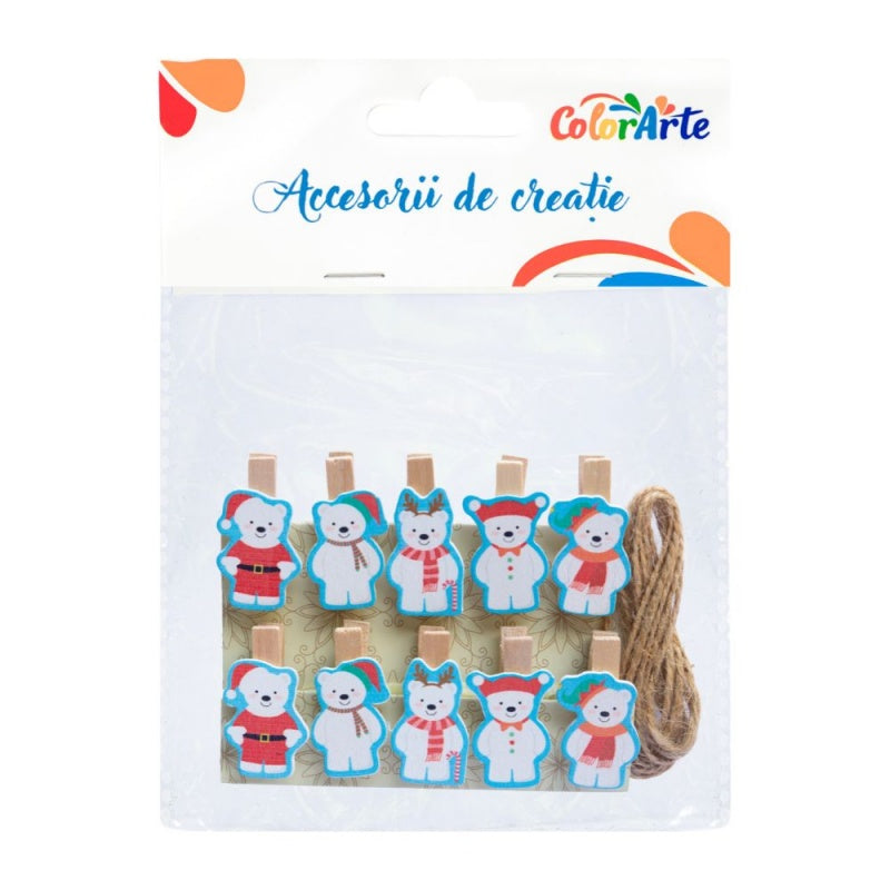Accesorii creatie - lemn - carlig colorat ursuleti Craciun, 85x104mm, set 10 buc, Colorarte MTCR-WDC7