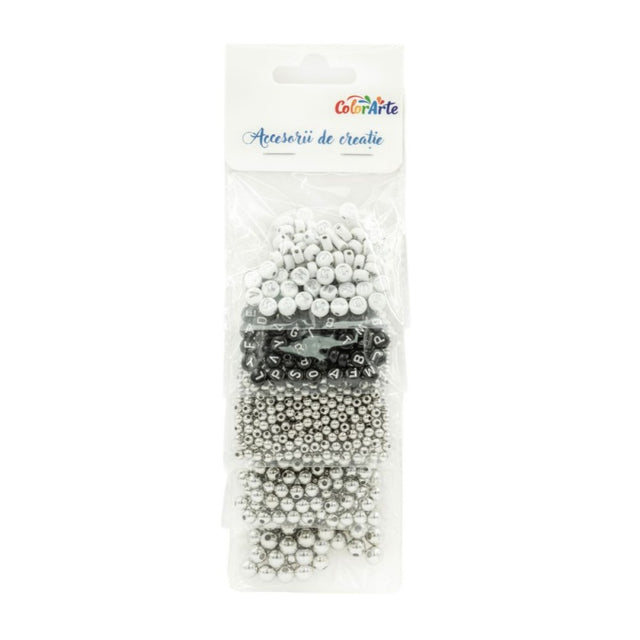 Accesorii creatie - margele plastic, 5 dimensiuni diferite, argintii, 80 g/punga, Colorarte