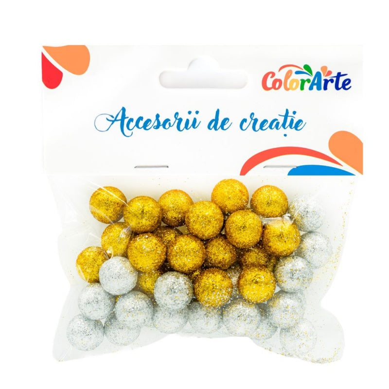 Accesorii creatie - polistiren - bile, argintiu-auriu sclipici, 15mm, Colorarte, MY003, set 50 buc