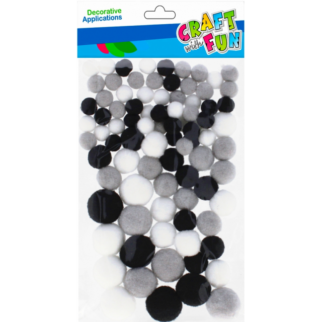 Pom Pom, 10-20mm, alb, negru, gri, set 90 buc, Craft with Fun, 501474