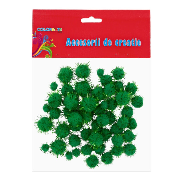 Accesorii creatie - Pom Pom, verde cu sclipici, 10-20mm, set 55 buc, Colorarte, MY26