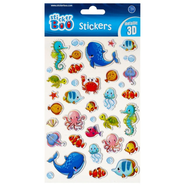 Abtibilduri - animalute marine, 3D, metalic, set 37 buc, Sticker Boo, 493714