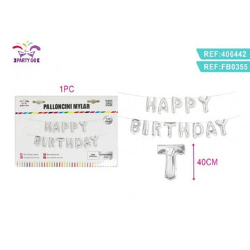 Baloane din folie PartyGo Happy Birthday, 40cm, argintiu, FB0355, set 13 buc
