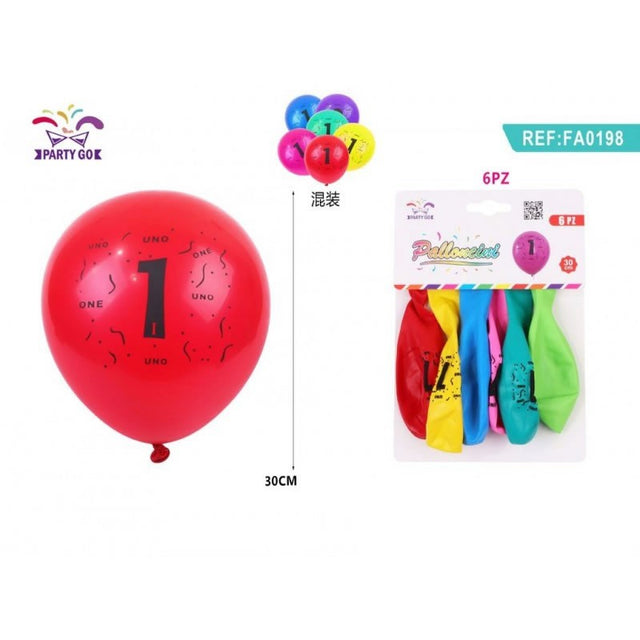 Baloane aniversare PartyGo cifra 1, 30cm, imprimate, diverse culori, FA0198, set 6 buc