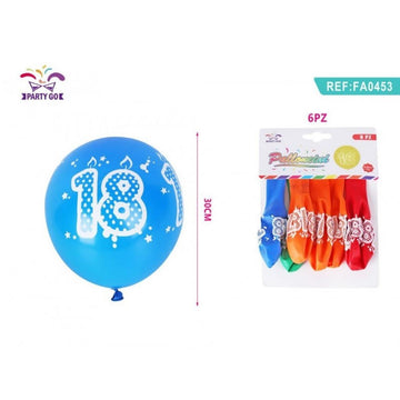 Baloane aniversare PartyGo 18 ani, 30cm, imprimate, diverse culori, FA0453, set 6 buc