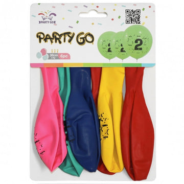 Baloane aniversare PartyGo cifra 2, 30cm, imprimate, diverse culori, FA0199, set 6 buc