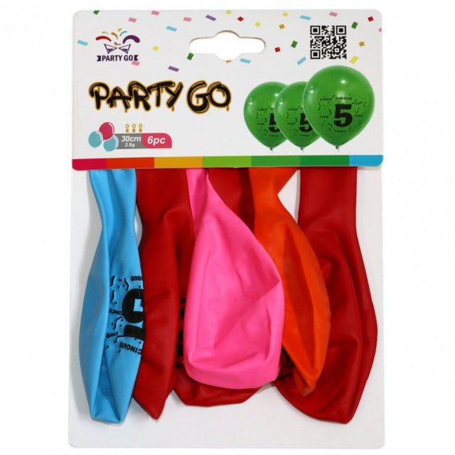 Baloane aniversare PartyGo cifra 5, 30cm, imprimate, diverse culori, FA0202, set 6 buc