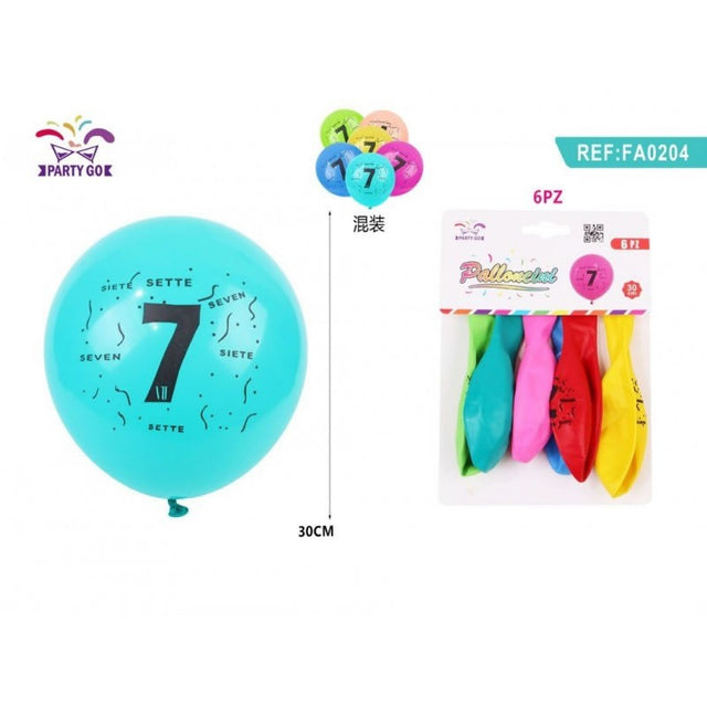 Baloane aniversare PartyGo cifra 7, 30cm, imprimate, diverse culori, FA0204, set 6 buc