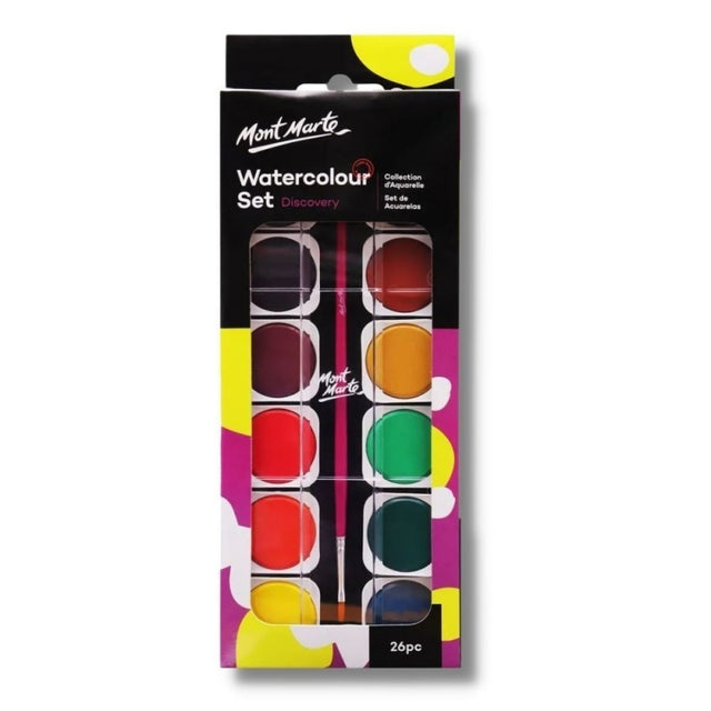 Acuarele Mont Marte PMHS0024, Watercolours, 26 culori + pensula + tub alb, pastila 30mm