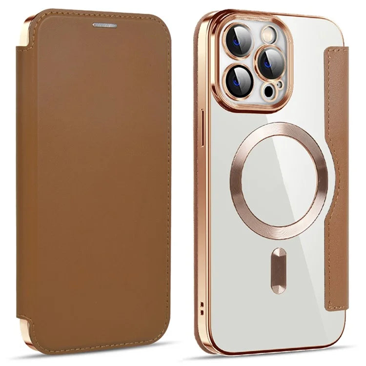 Husa MagFlip - iPhone 14 Pro, Magnet, RFID protect, Leather, Chrome Edge, Gold
