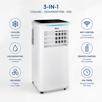 Aer conditionat mobil Zilan ZLN1047, 9000 BTU, 3 in 1 racire dezumidificare ventilatie, WiFi, telecomanda, alb