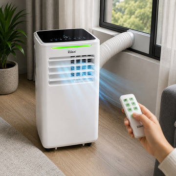 Aer conditionat mobil Zilan ZLN1047, 9000 BTU, 3 in 1 racire dezumidificare ventilatie, WiFi, telecomanda, alb