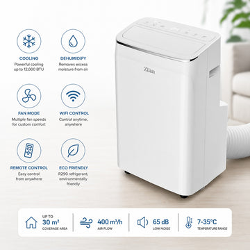 Aer conditionat mobil Zilan ZLN1054, 12000 BTU, 3 in 1 racire dezumidificare ventilatie, WiFi, telecomanda, alb